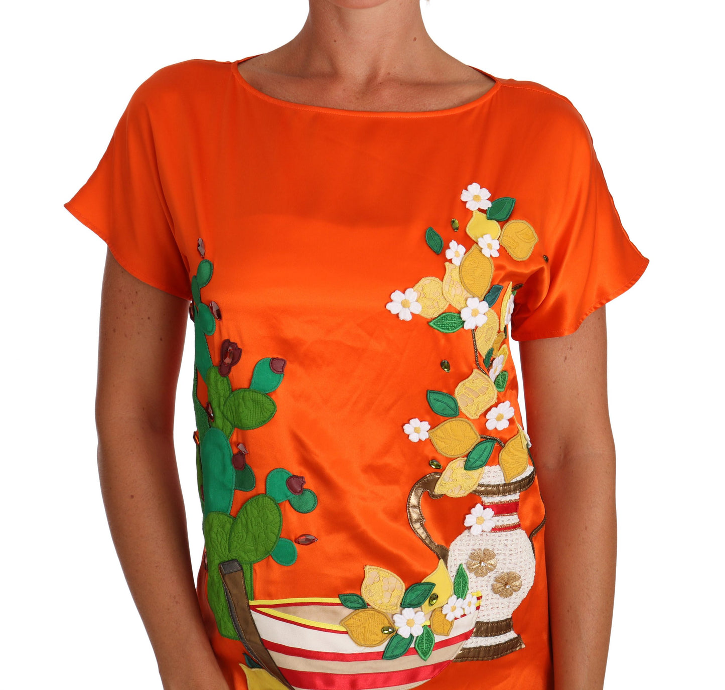 Dolce & Gabbana Seide Orange Zitrone Kristall-T-Shirt Top
