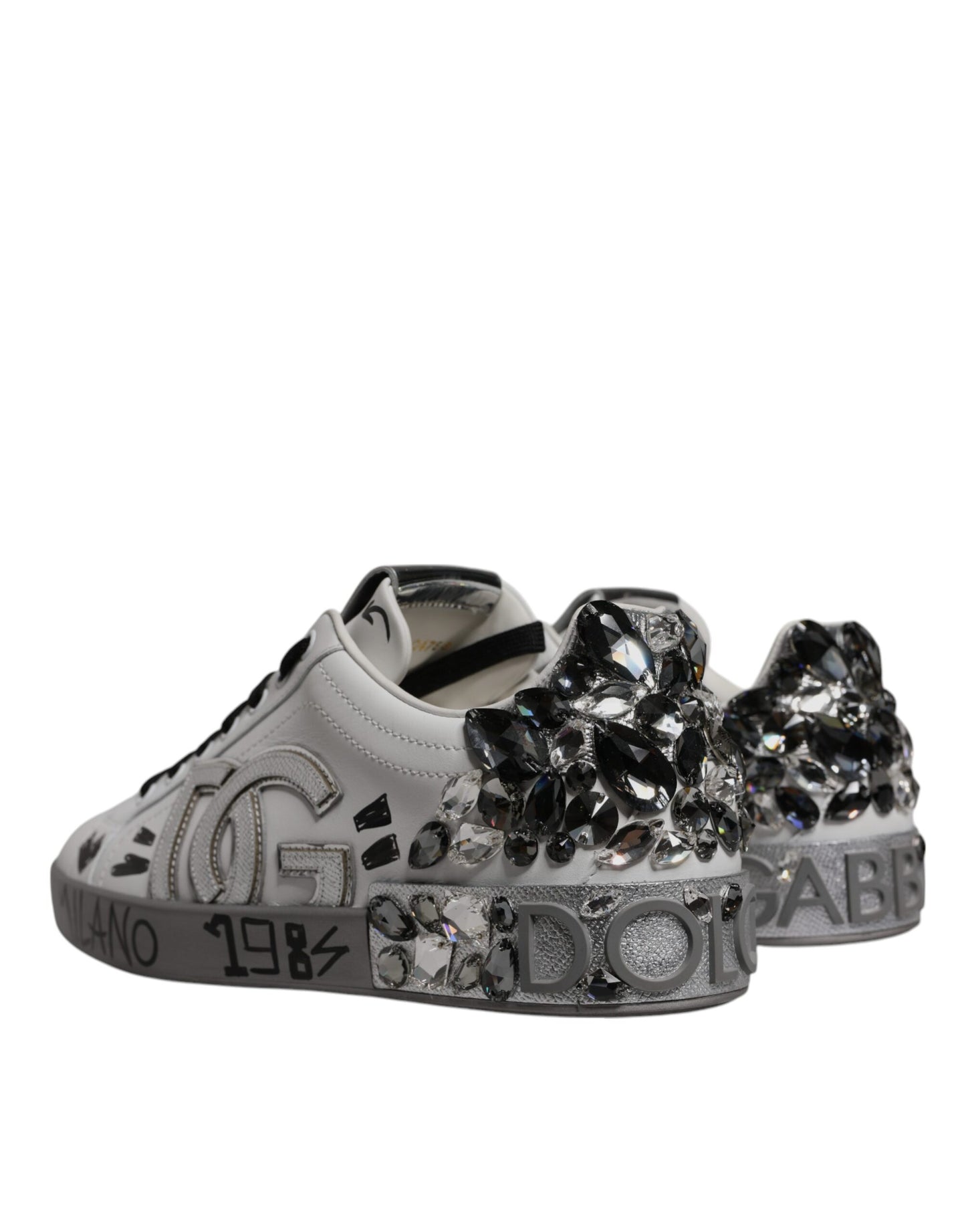 Dolce & Gabbana Weiß Silber Kristall Logo Portofino Turnschuhe Schuhe