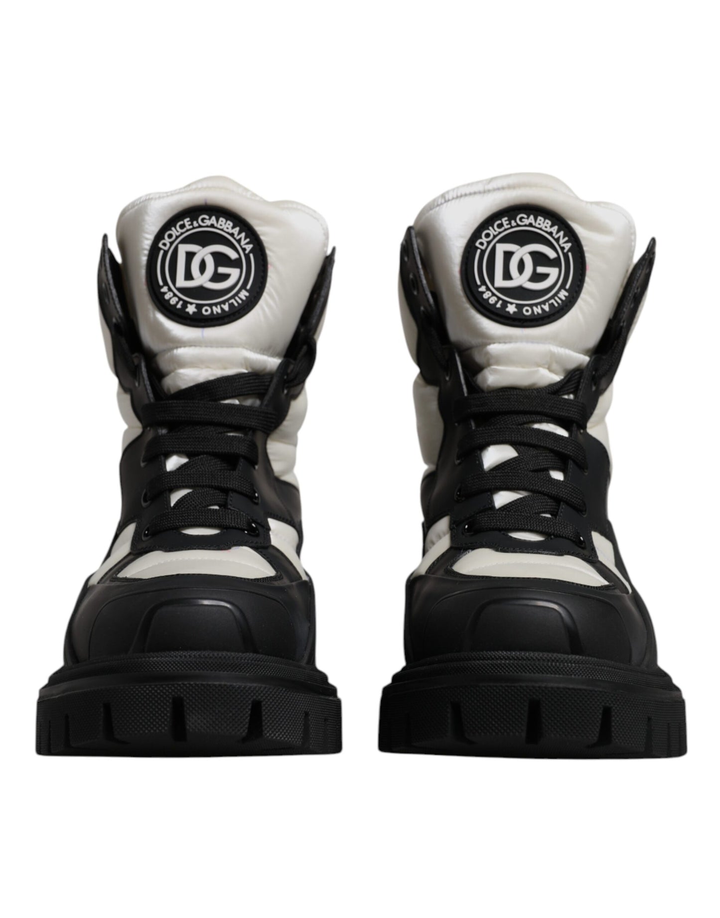 Dolce & Gabbana Schwarz Weiß Gepolsterte Mid Calf Lace Up Stiefel Schuhe