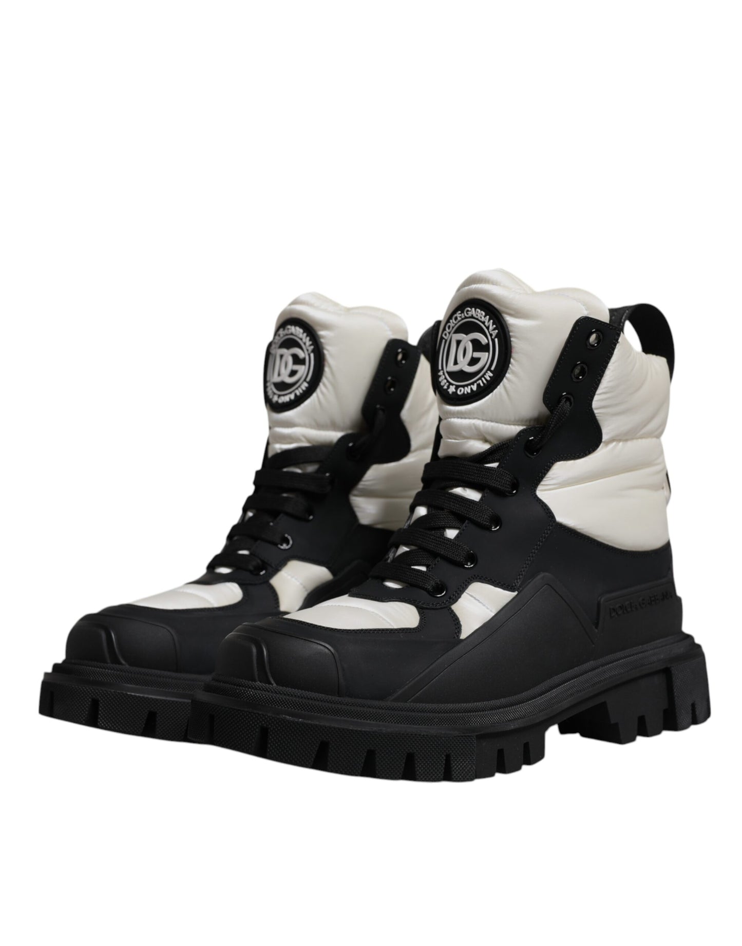 Dolce & Gabbana Schwarz Weiß Gepolsterte Mid Calf Lace Up Stiefel Schuhe