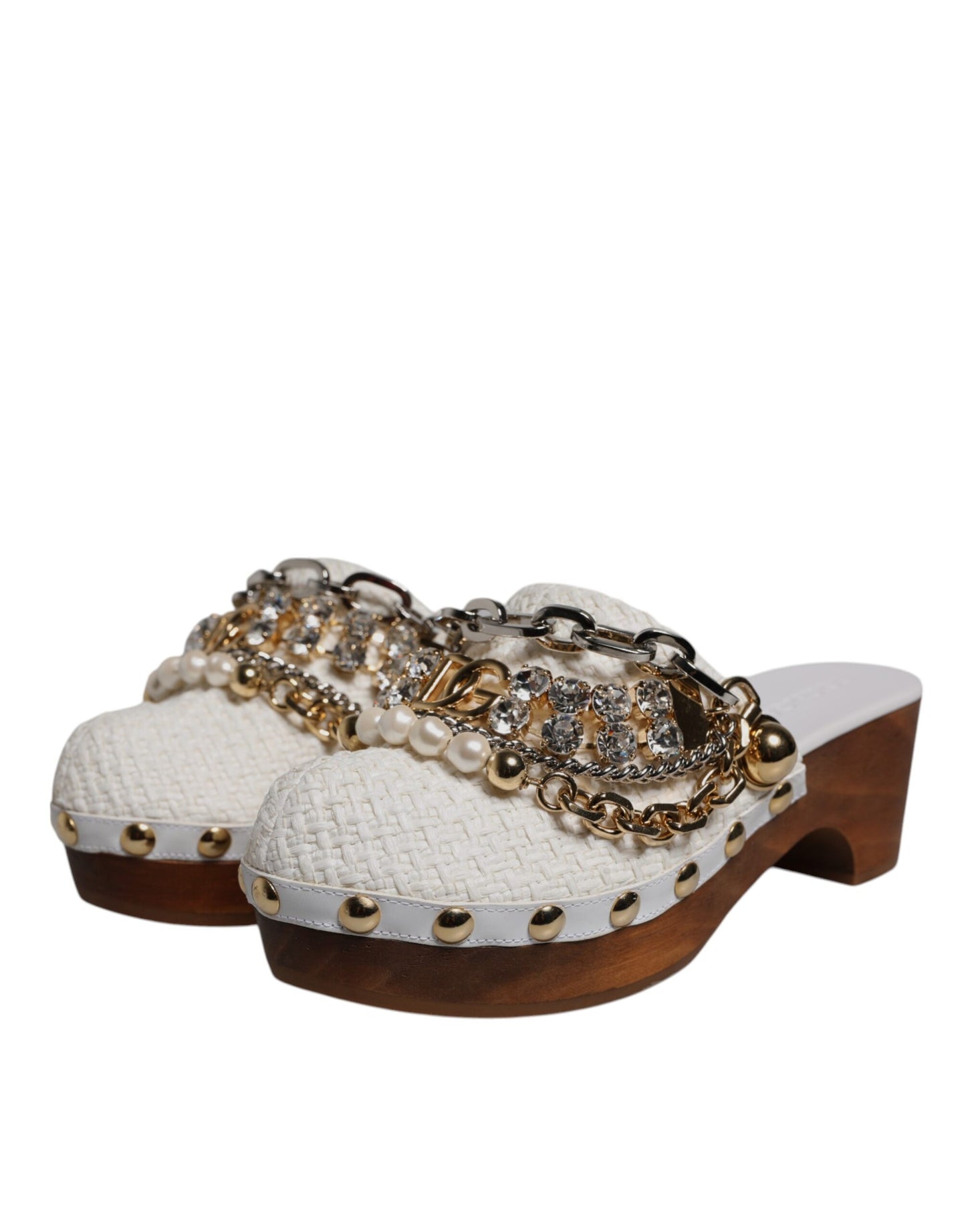 Dolce & Gabbana Weiß Raffia Clogs Bejeweled Kette Sandalen Schuhe