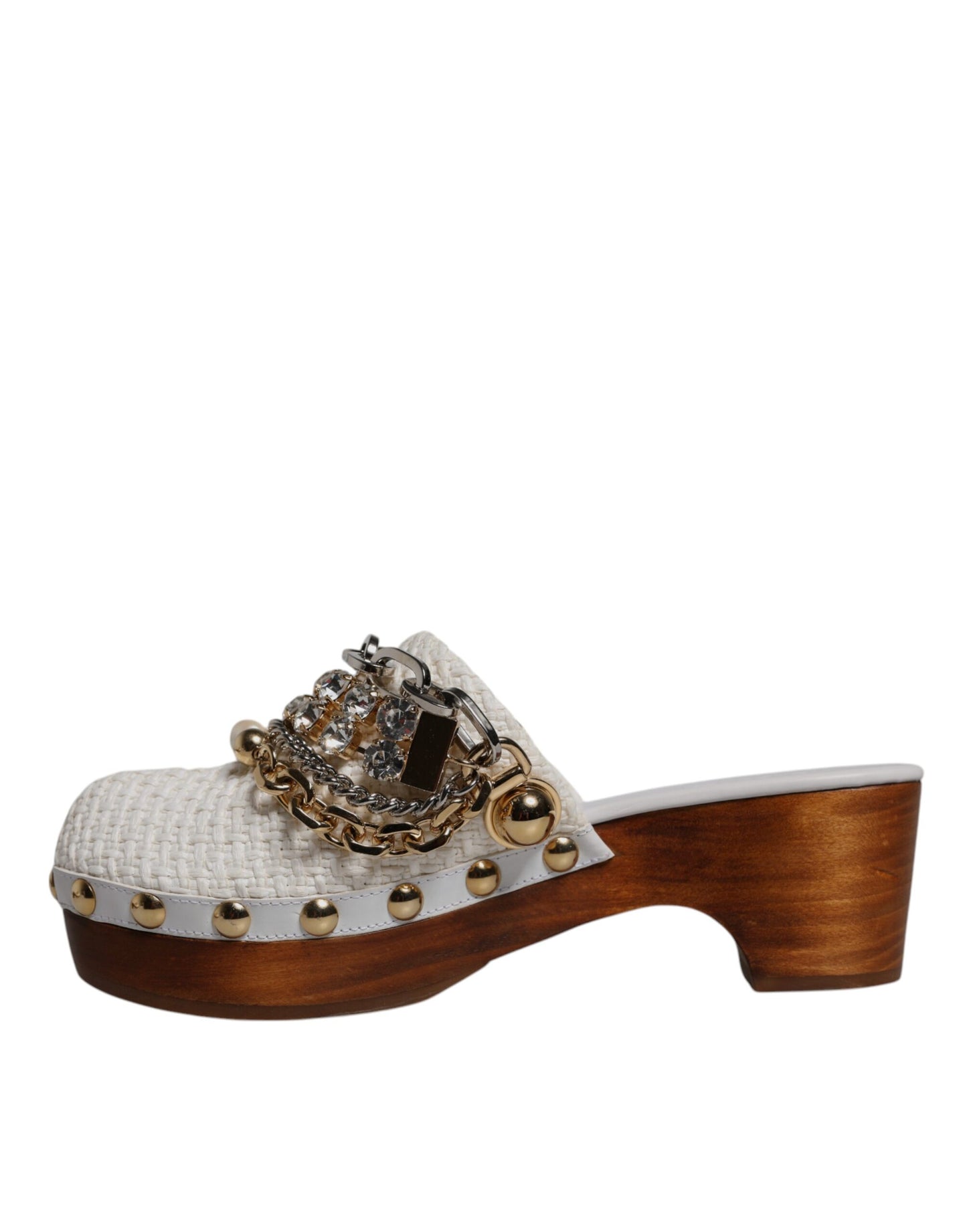 Dolce & Gabbana Weiß Raffia Clogs Bejeweled Kette Sandalen Schuhe