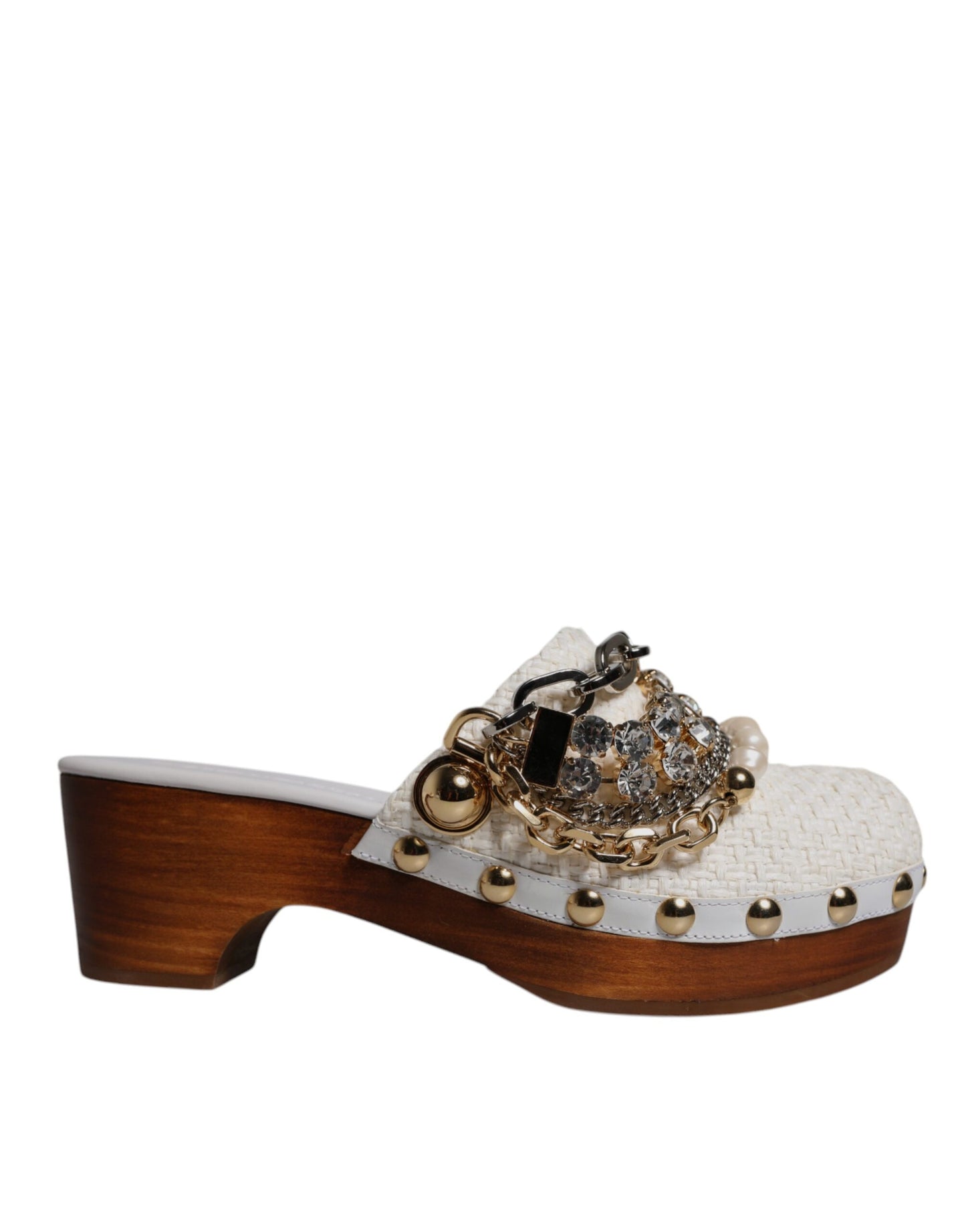 Dolce & Gabbana Weiß Raffia Clogs Bejeweled Kette Sandalen Schuhe