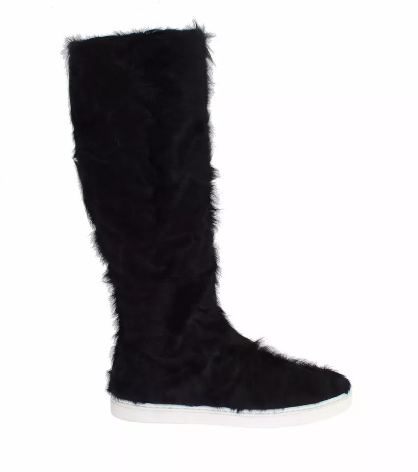 Dolce & Gabbana Schwarz Xiangao Lammfell Leder Stiefel Schuhe
