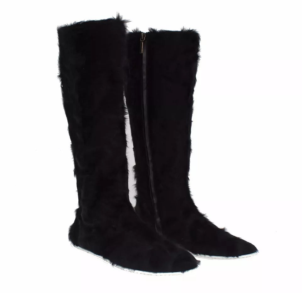 Dolce & Gabbana Schwarz Xiangao Lammfell Leder Stiefel Schuhe
