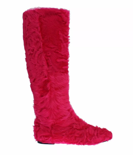 Dolce & Gabbana Rosa Lammfell Leder Flache Stiefel Schuhe