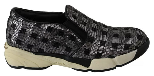 PINKO Silber Schwarz Slip-on Sequence Design Sneakers Schuhe