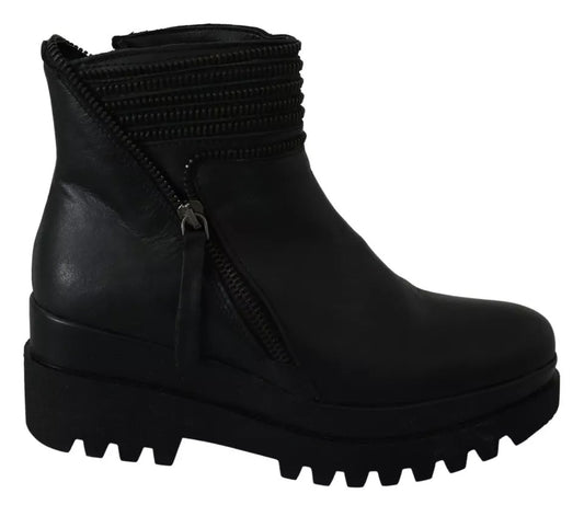Ovyé Schwarz Leder Reißverschluss Stiefeletten Schuhe
