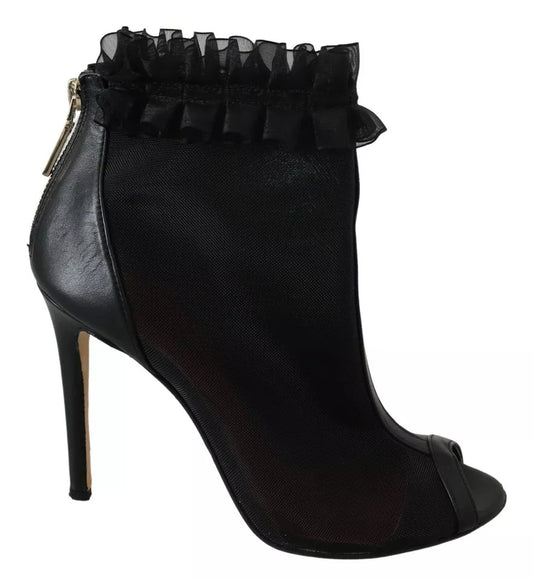 Mangano Schwarz Leder Mesh Stiletto High Heels Peep Toe Stiefel Schuhe