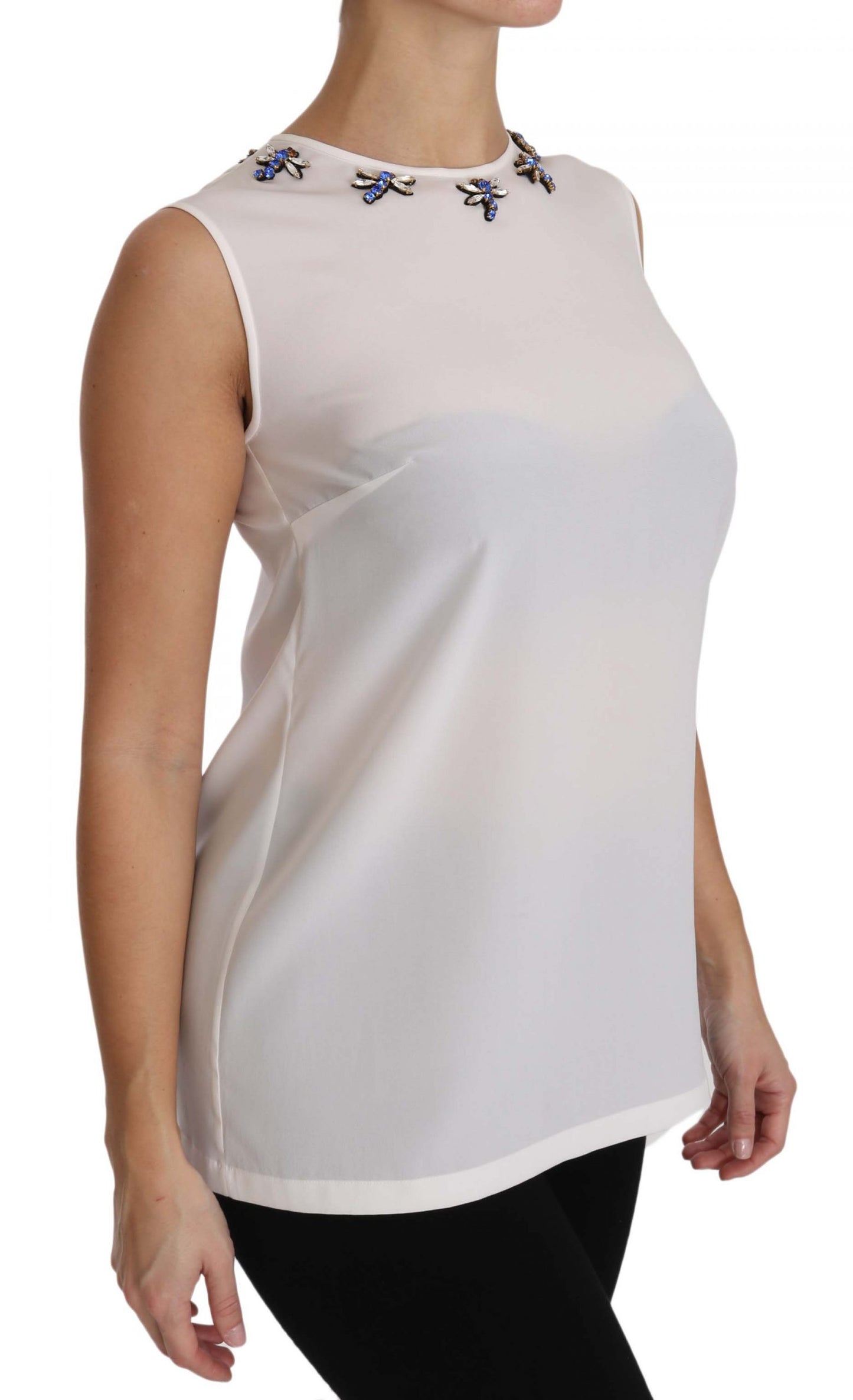 Dolce & Gabbana Weißes Seidenoberteil mit Kristall-Libellenverzierung