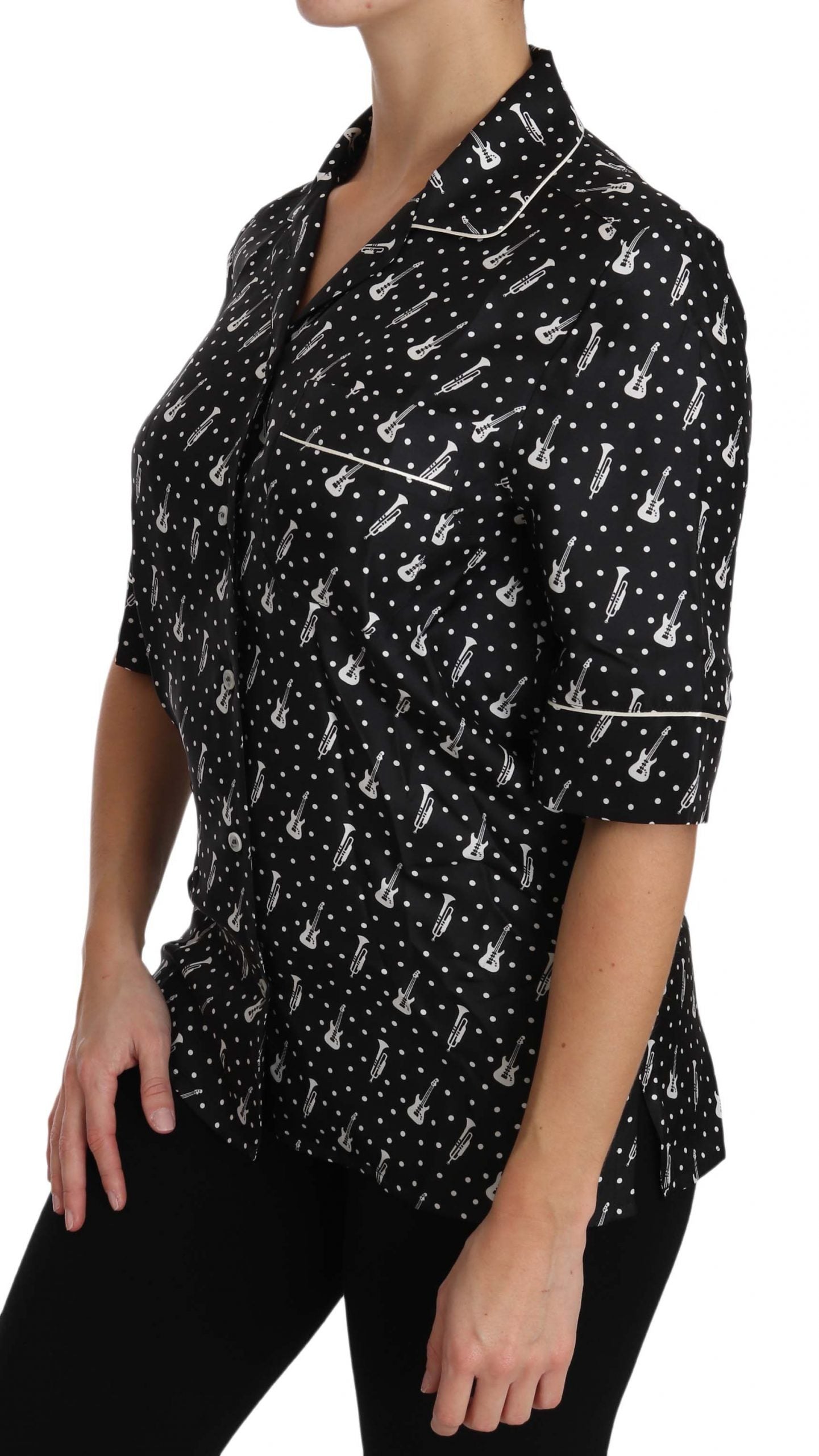 Dolce & Gabbana Schwarzes Seidenhemd mit Gitarren-Trompetendruck