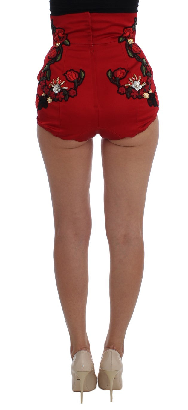 Dolce & Gabbana Rote Seidenkristallrosen Shorts