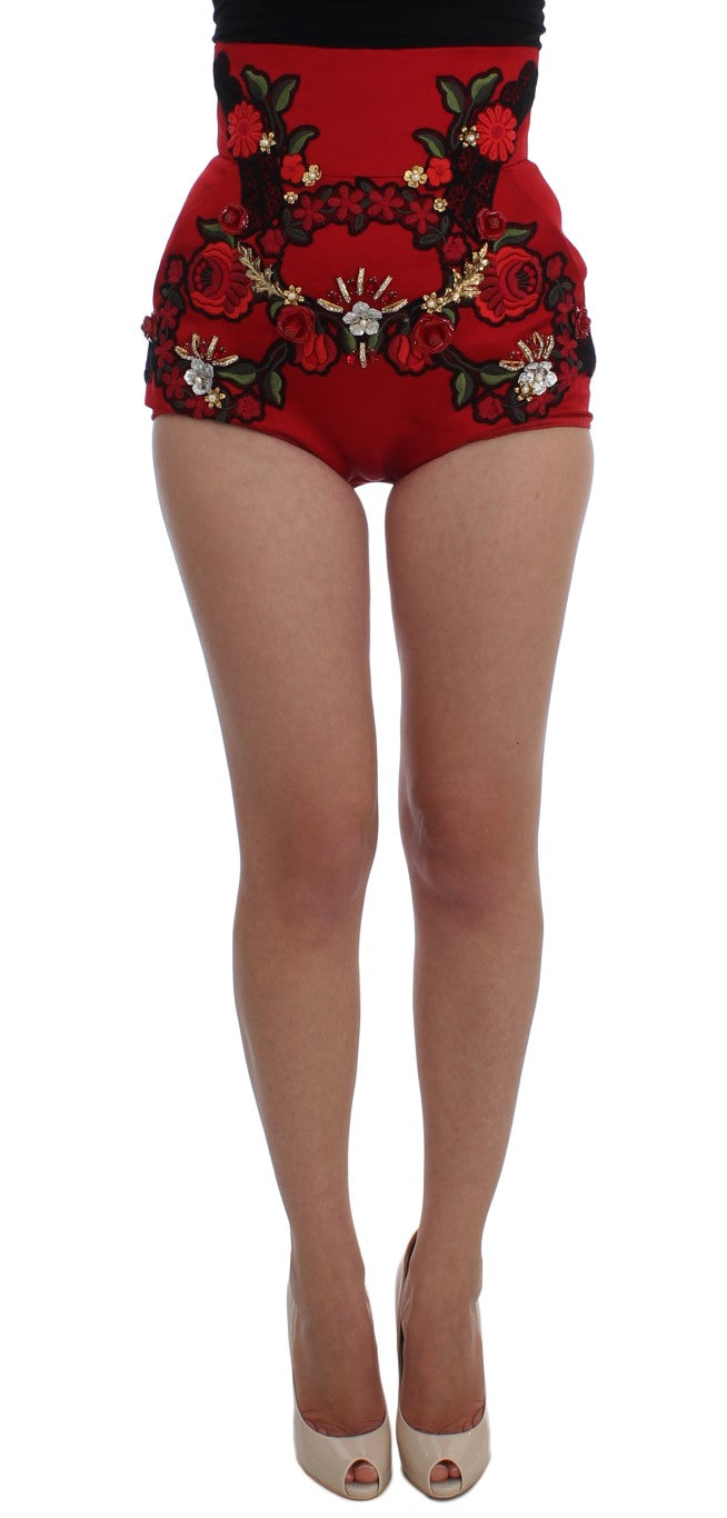 Dolce & Gabbana Rote Seidenkristallrosen Shorts