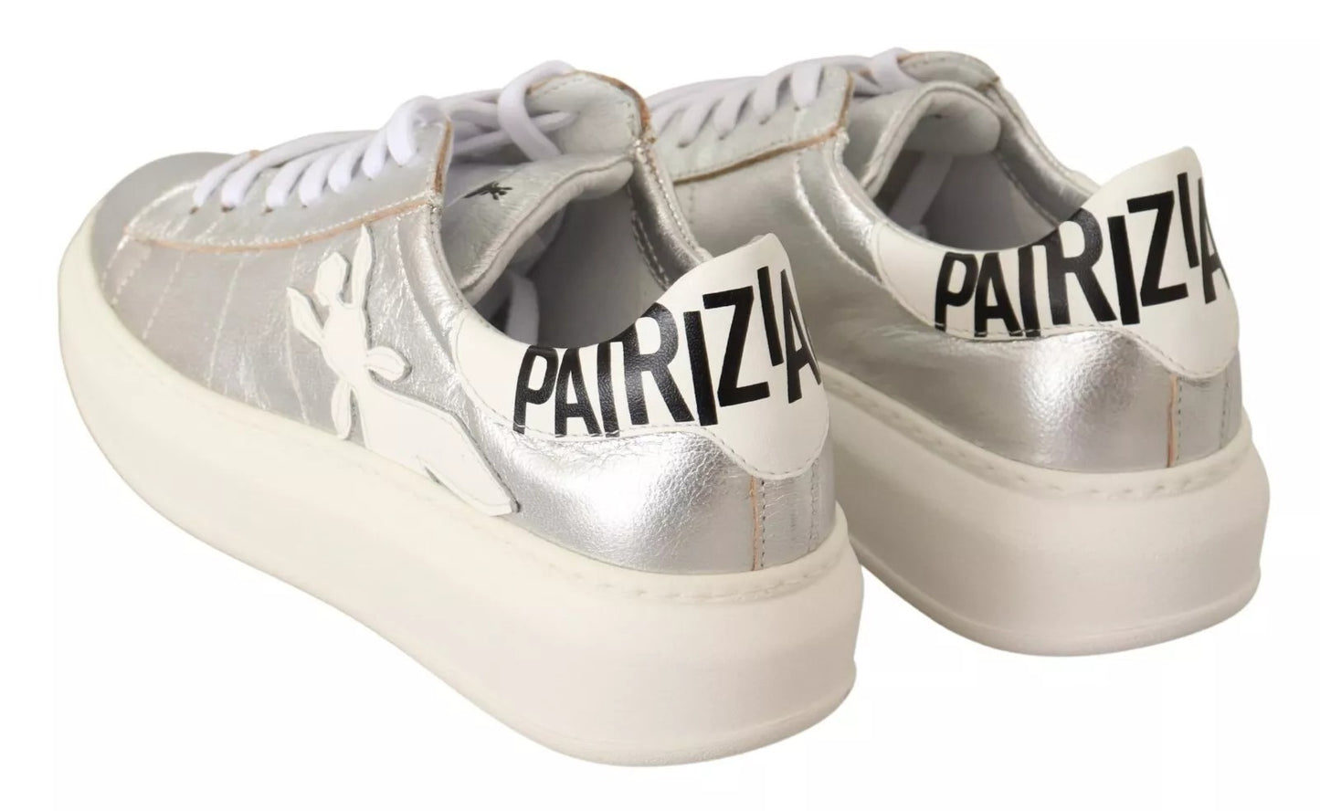 Patrizia Pepe Silberne Vollnarbenleder Schnürsneakers Schuhe