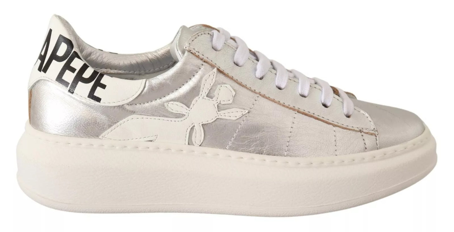 Patrizia Pepe Silberne Vollnarbenleder Schnürsneakers Schuhe