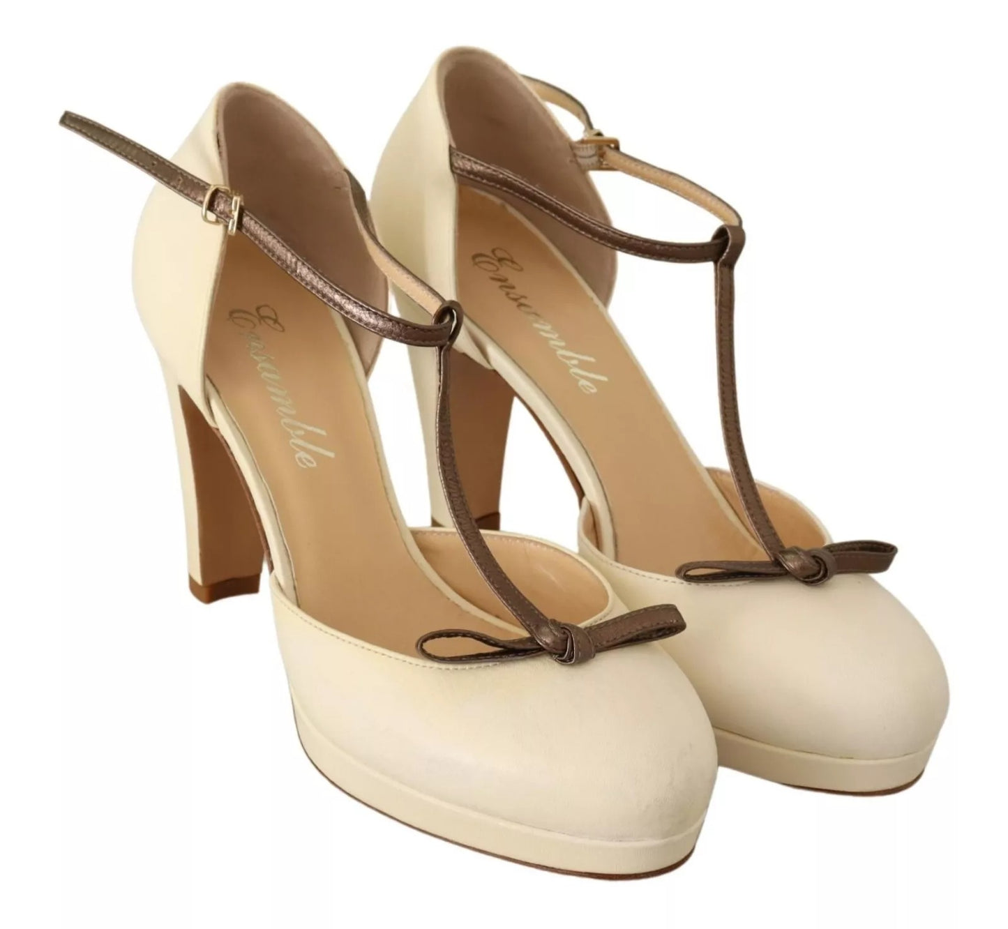 SERGIO LEVANTESI Beige T-Strap Block Heels Pumps Leder Schuhe