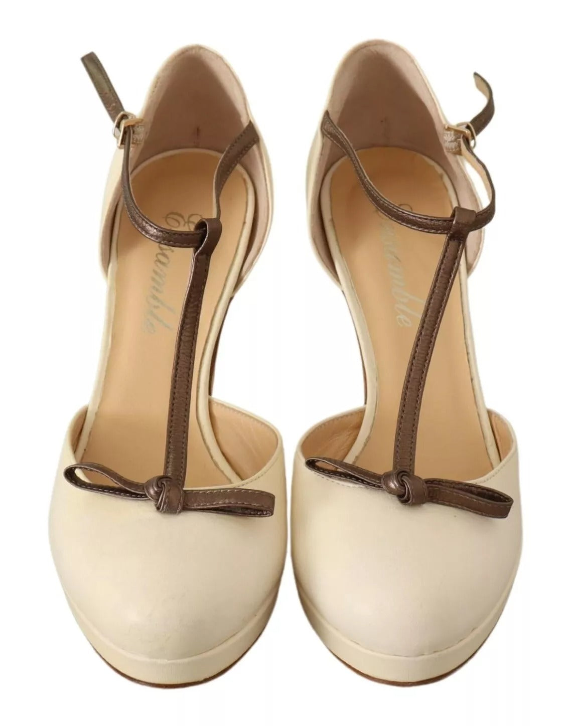 SERGIO LEVANTESI Beige T-Strap Block Heels Pumps Leder Schuhe