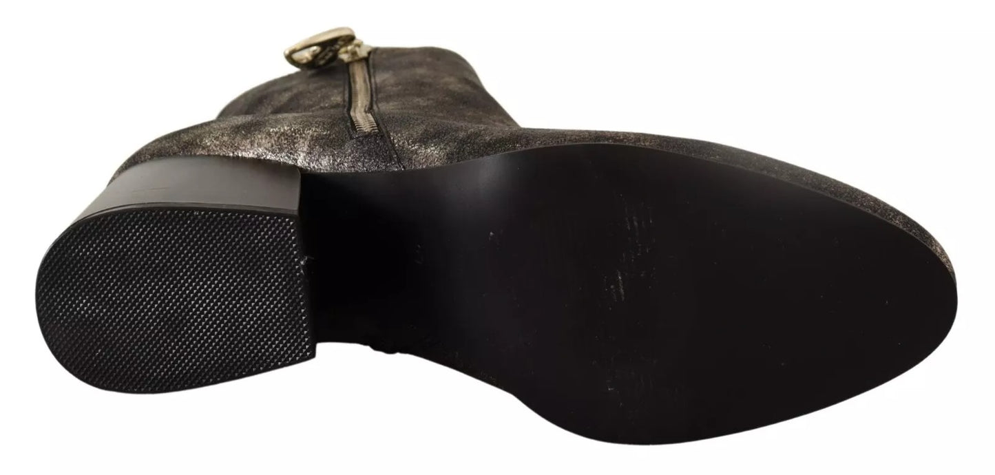 MY TWIN Schwarzes Leder Block Absätze Ankle Stiefel Reißverschluss Schuhe