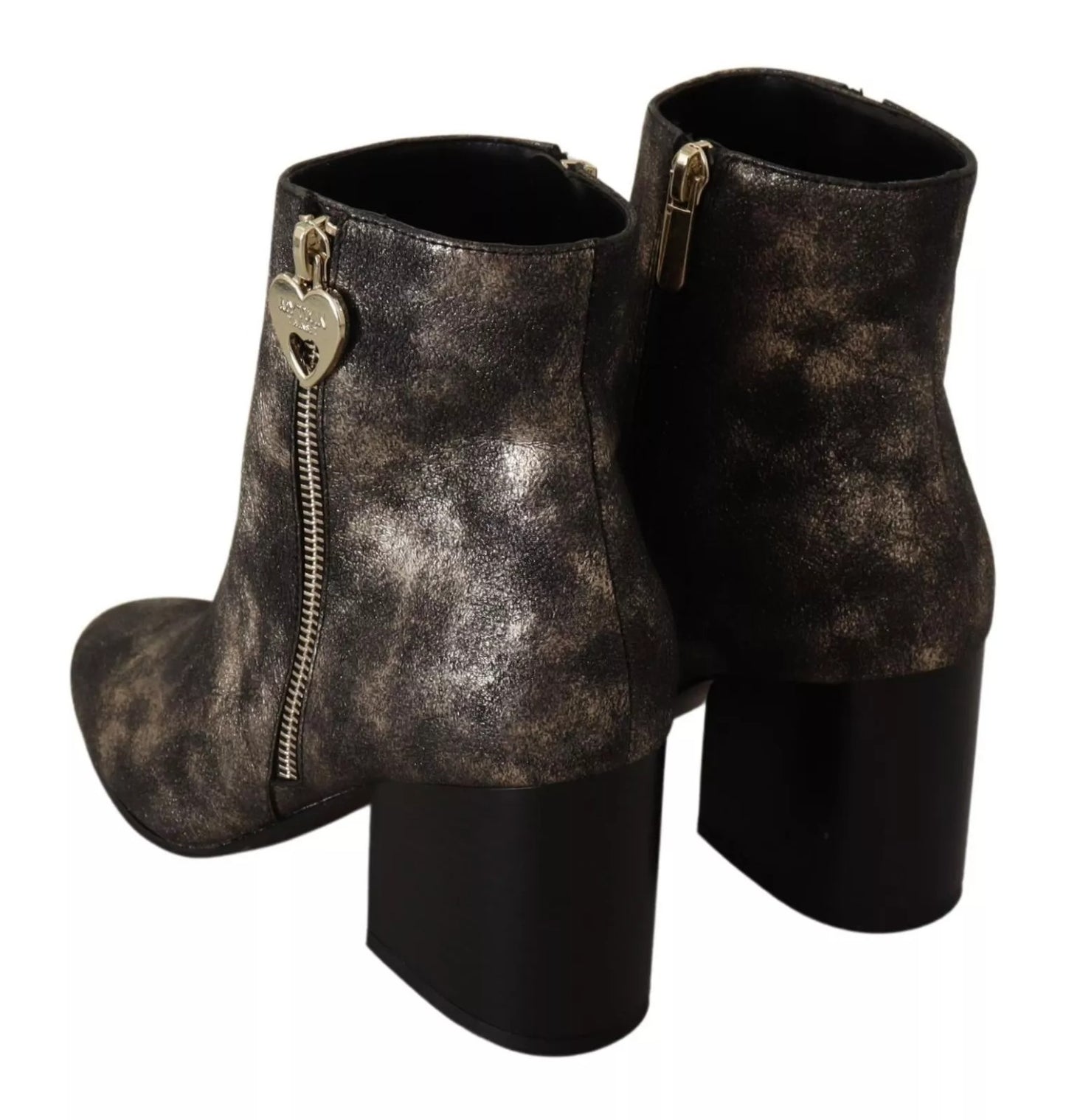 MY TWIN Schwarzes Leder Block Absätze Ankle Stiefel Reißverschluss Schuhe