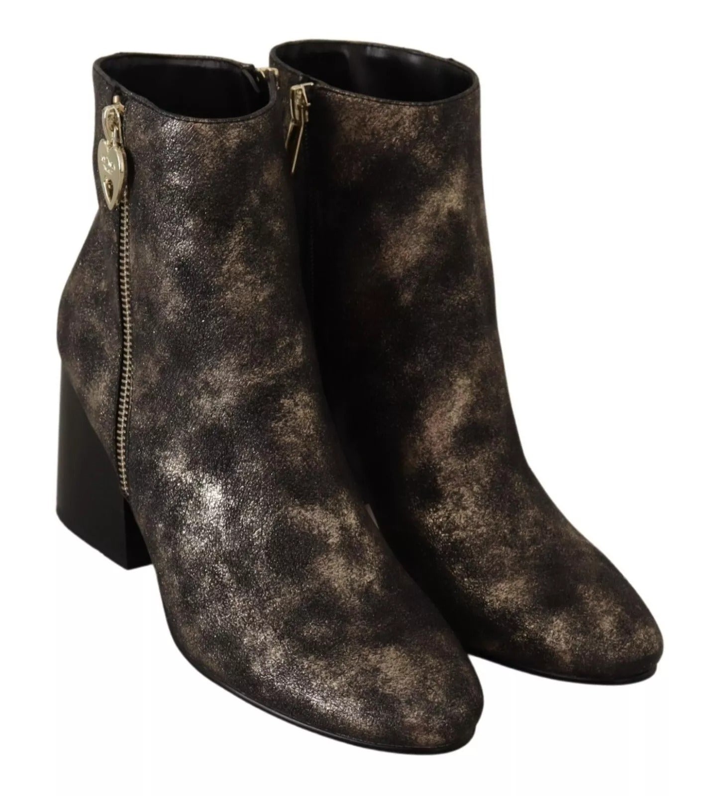 MY TWIN Schwarzes Leder Block Absätze Ankle Stiefel Reißverschluss Schuhe