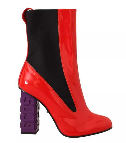GCDS Rotes Leder Schwarzer Stoff Logo Absatz Stiefelette Schuhe