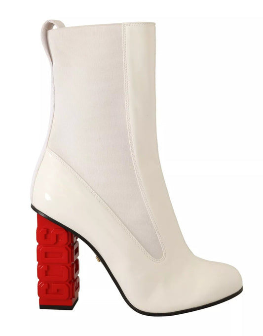 GCDS Weißes Leder Stoff Rot Logo Absatz Stiefeletten Schuhe