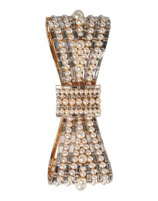 Dolce & Gabbana Gold-Ton Messing Bogen Kristall FauxPearl verschönert Brosche