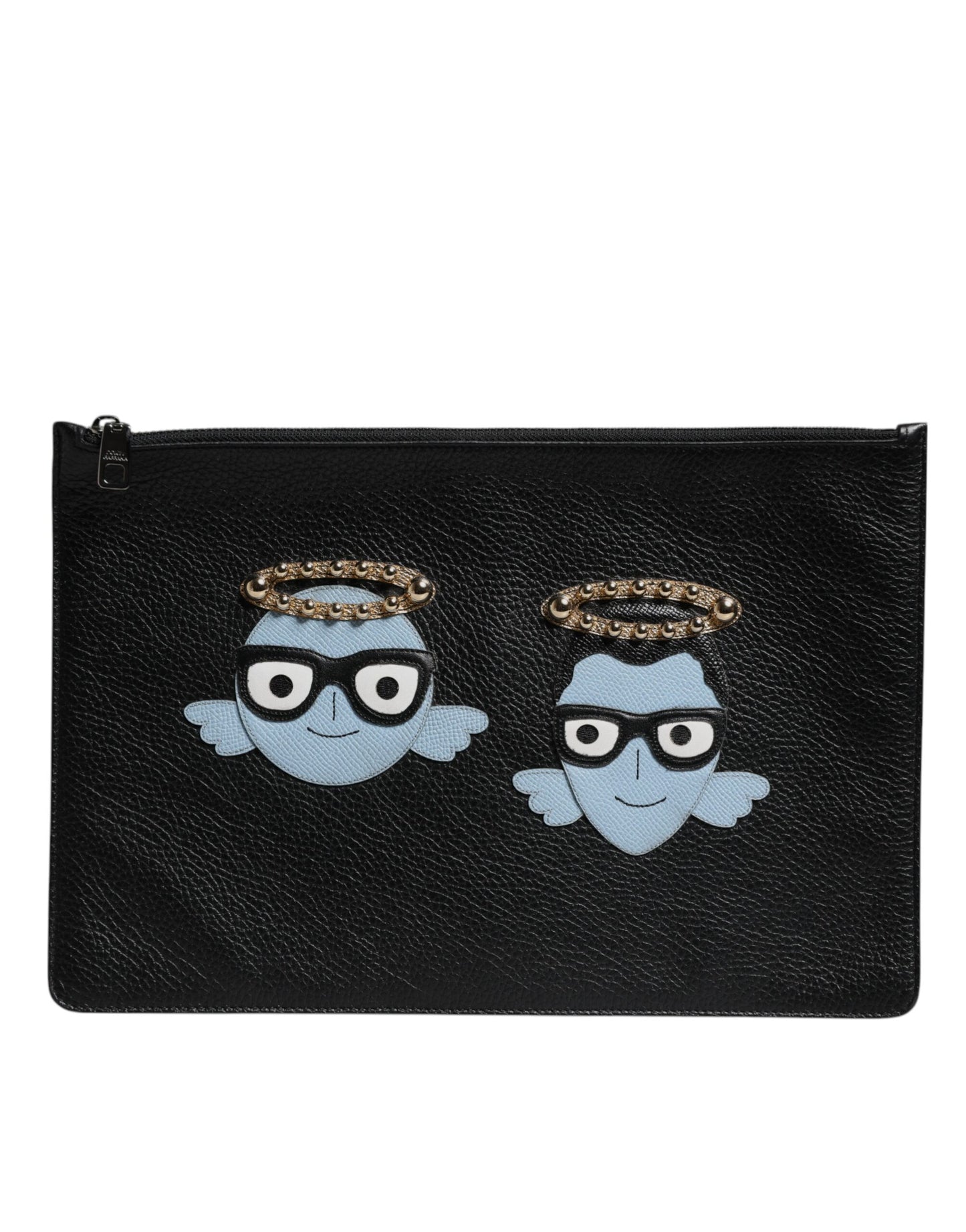 Dolce & Gabbana Schwarzes Leder #DGFAMILY verschönert Männer Zip Pouch Tasche