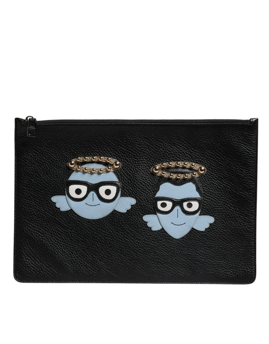 Dolce & Gabbana Schwarzes Leder #DGFAMILY verschönert Männer Zip Pouch Tasche