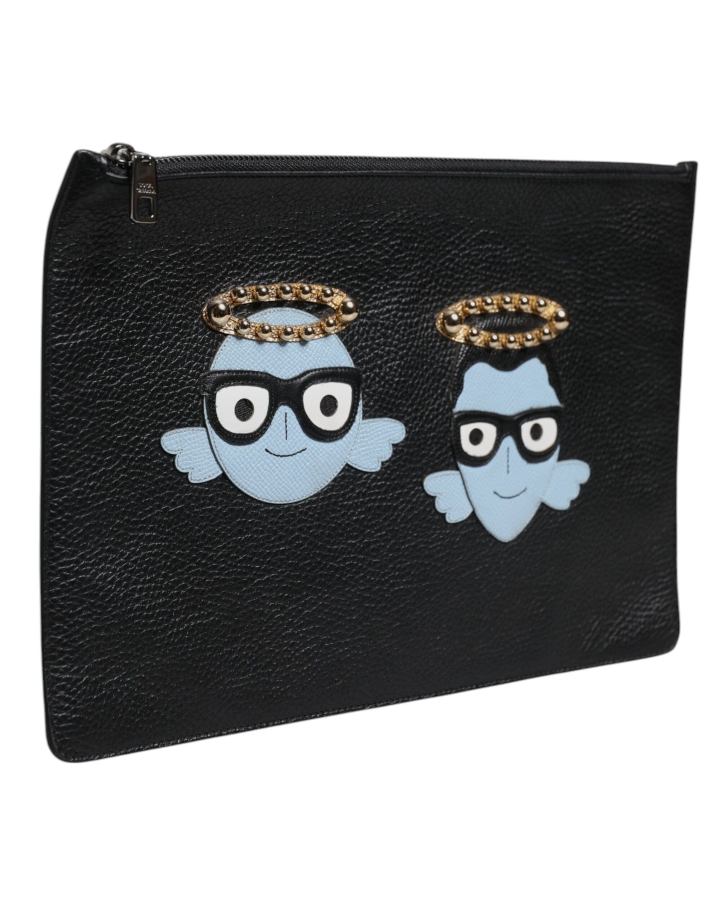 Dolce & Gabbana Schwarzes Leder #DGFAMILY verschönert Männer Zip Pouch Tasche