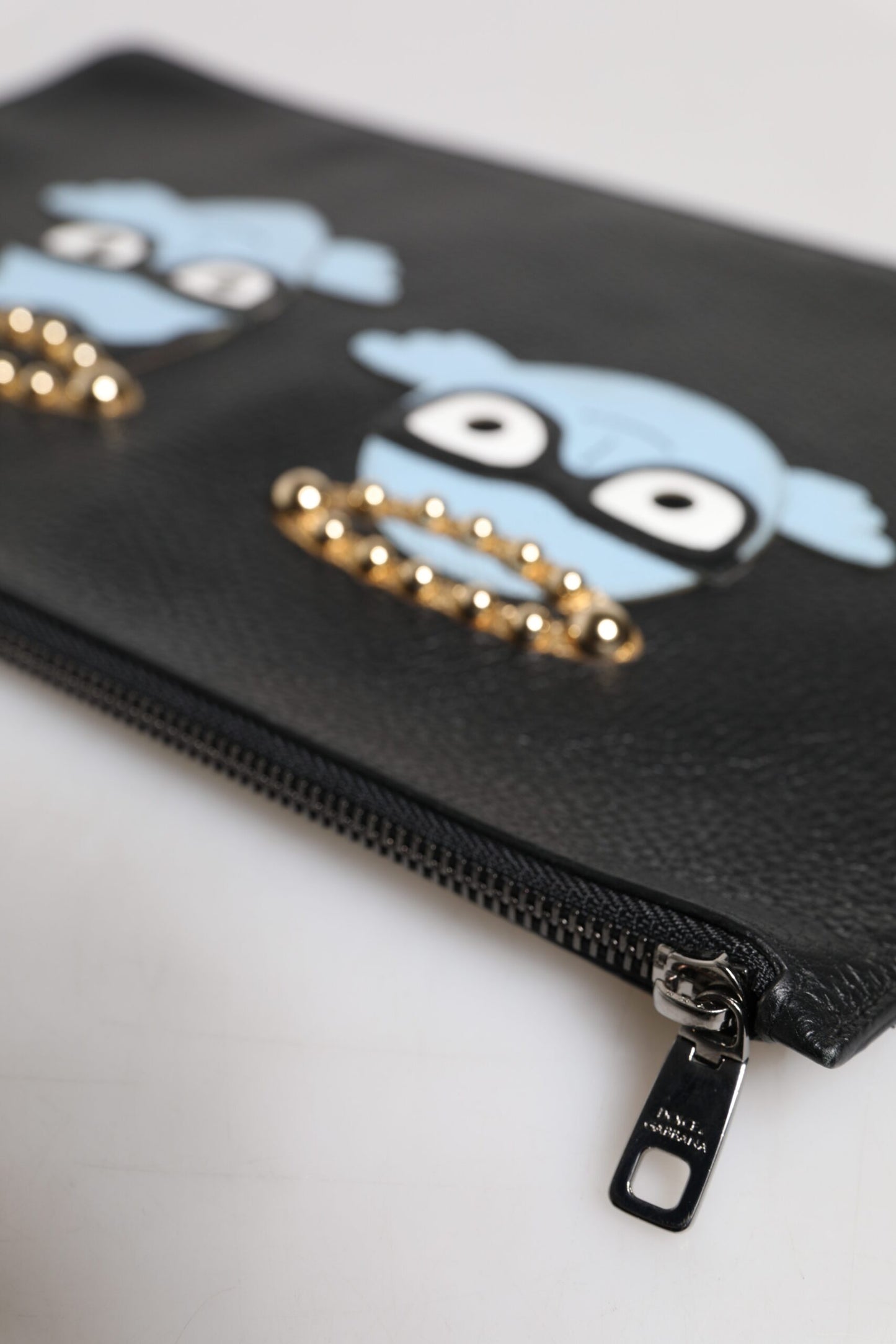 Dolce & Gabbana Schwarzes Leder #DGFAMILY verschönert Männer Zip Pouch Tasche