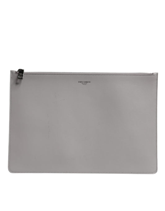 Dolce & Gabbana Graue Solid Leather DG Logo Herren Clutch Zip Pouch Tasche