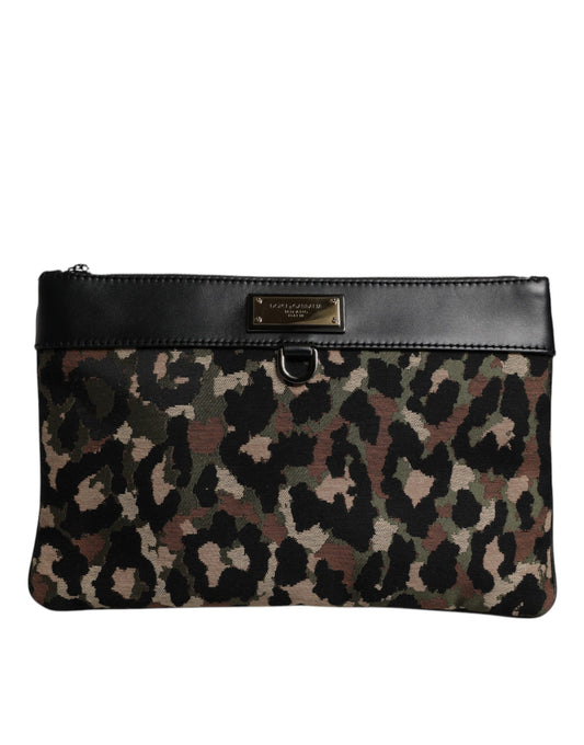 Dolce & Gabbana Multicolor Leopard Jacquard Print Logo Plaque Pouch Tasche