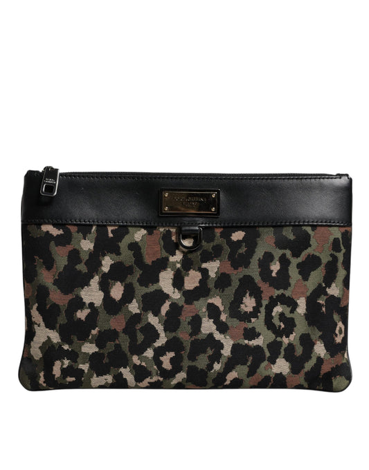 Dolce & Gabbana Multicolor Leopard Jacquard Print Logo Plaque Pouch Tasche