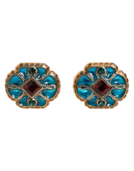 Dolce & Gabbana Gold Messing Blau emaillierte Blume Manschettenknopf