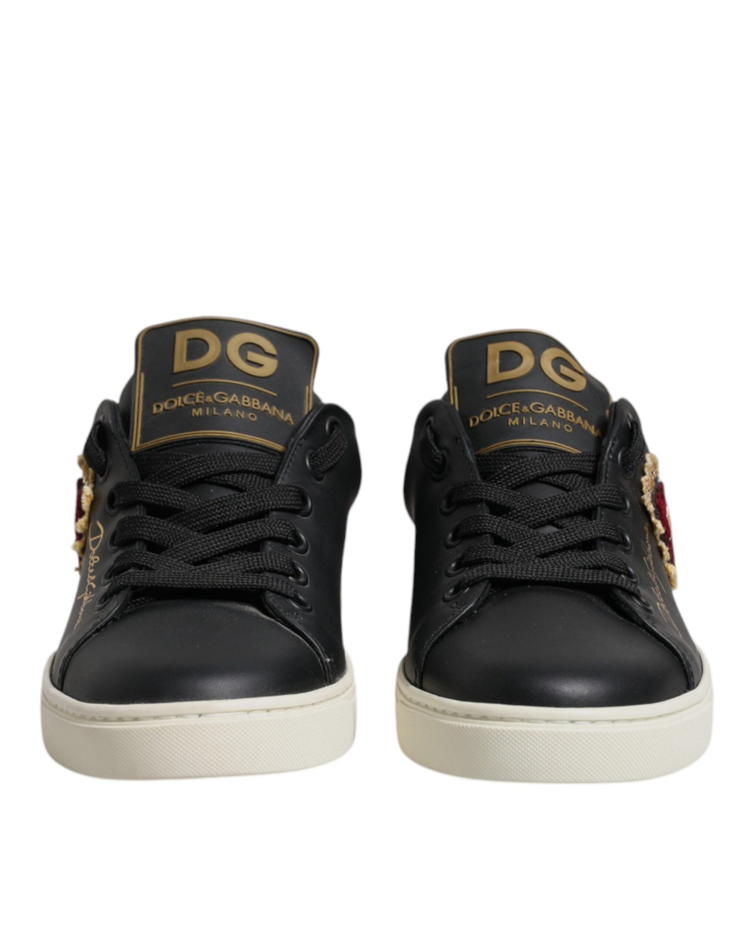 Dolce & Gabbana Schwarz Leder Gold Rot Herz Turnschuhe Schuhe