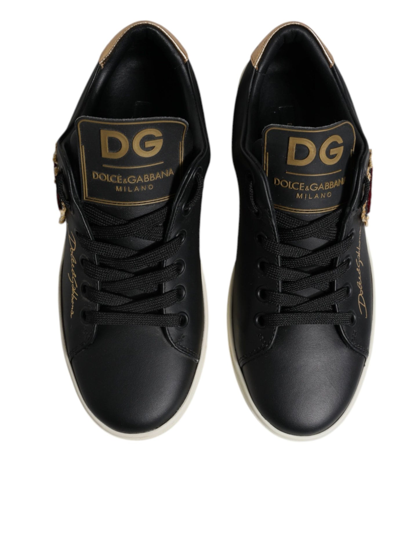Dolce & Gabbana Schwarz Leder Gold Rot Herz Turnschuhe Schuhe