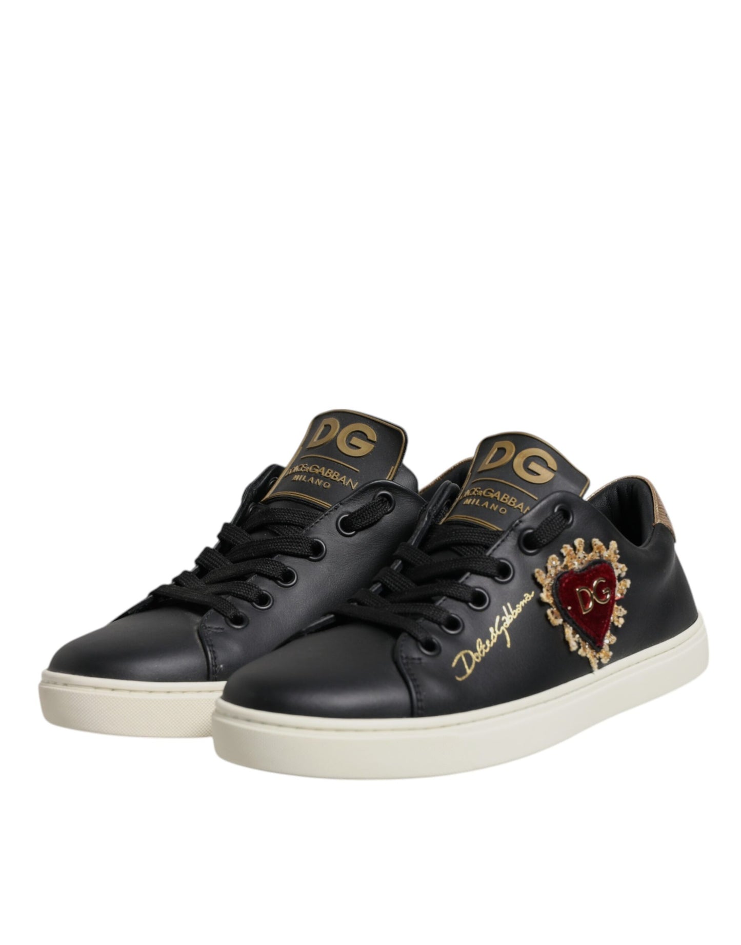 Dolce & Gabbana Schwarz Leder Gold Rot Herz Turnschuhe Schuhe