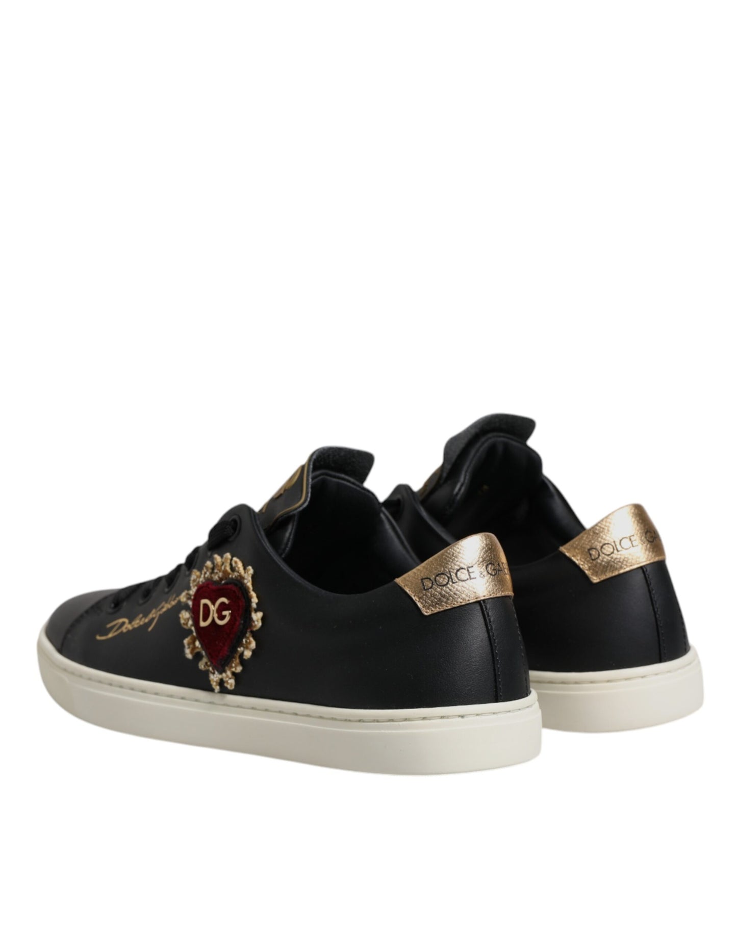 Dolce & Gabbana Schwarz Leder Gold Rot Herz Turnschuhe Schuhe