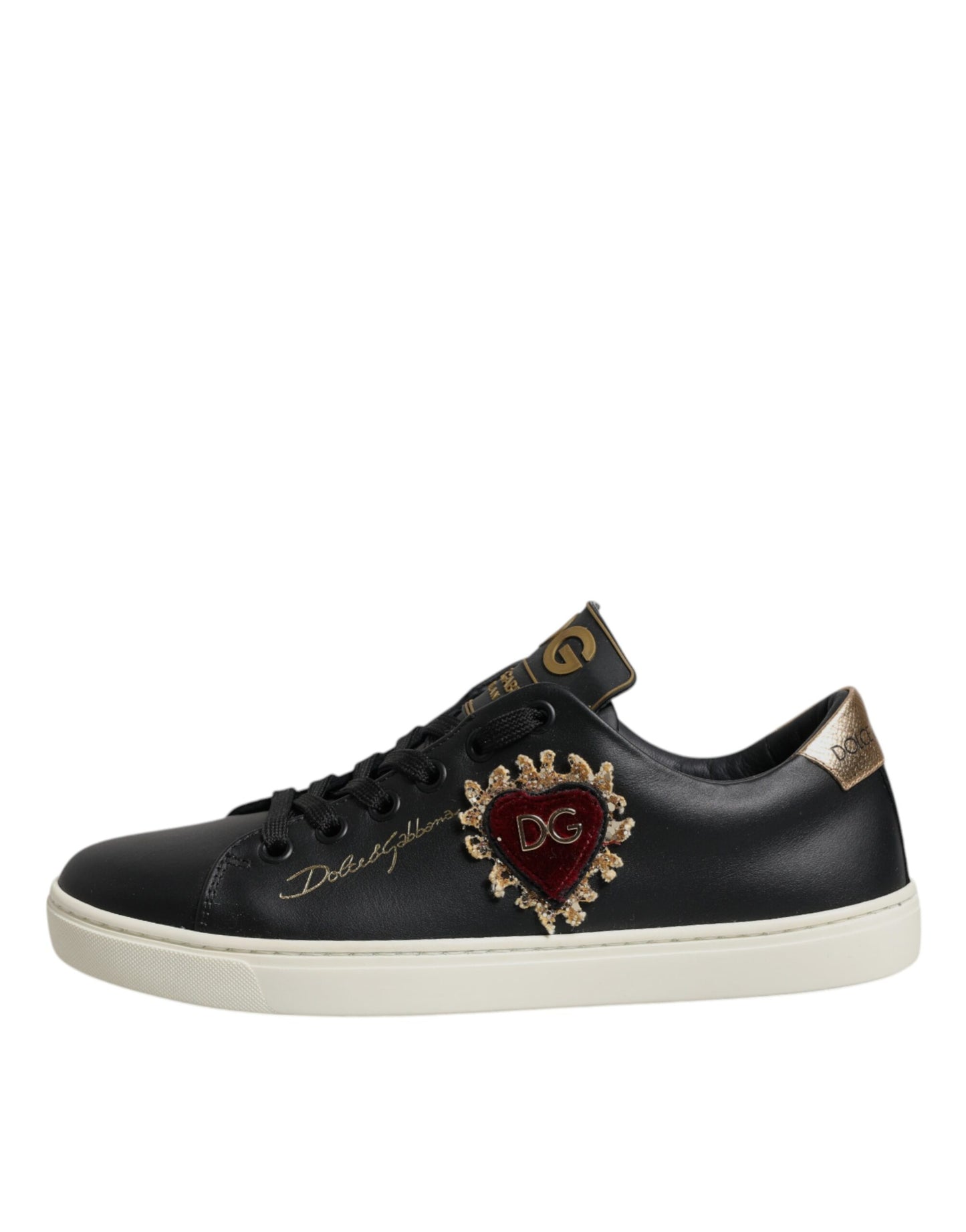 Dolce & Gabbana Schwarz Leder Gold Rot Herz Turnschuhe Schuhe