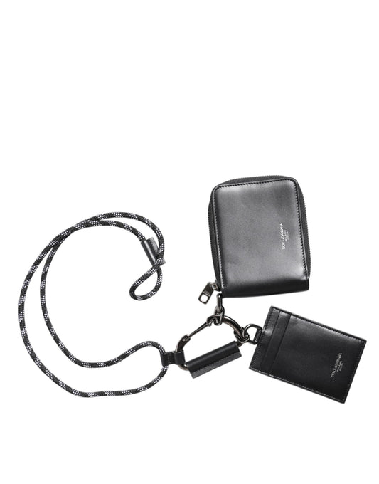 Dolce & Gabbana Schwarzes Leder Lanyard Zip Around Card Holder Wallet