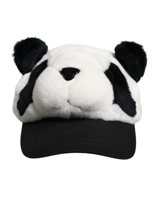 Dolce & Gabbana Schwarzer weißer Panda Pelz Frauen Baseballmütze