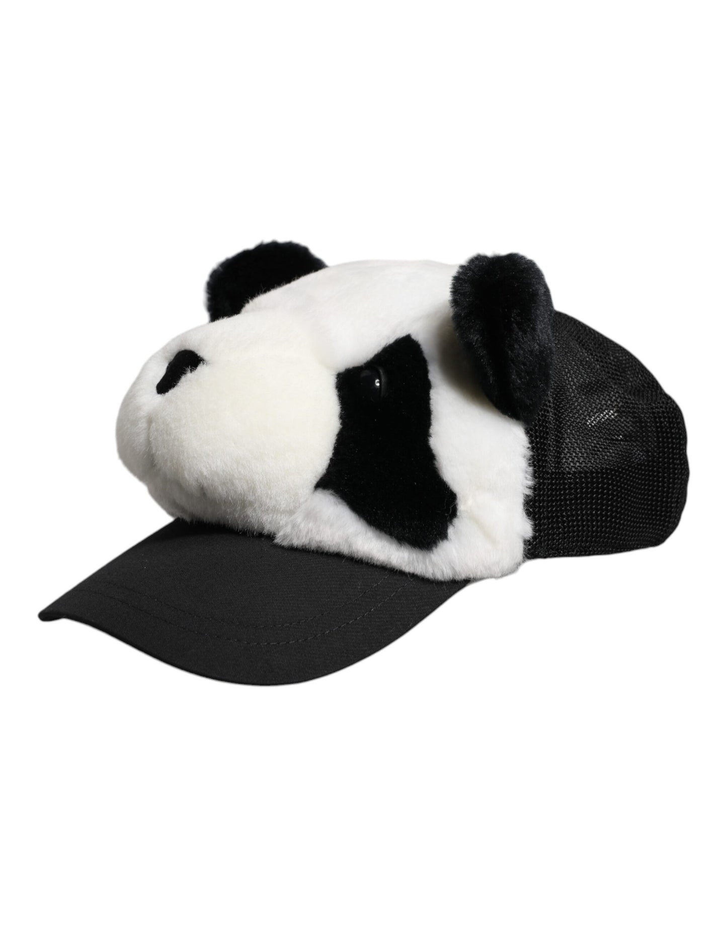 Dolce & Gabbana Schwarzer weißer Panda Pelz Frauen Baseballmütze