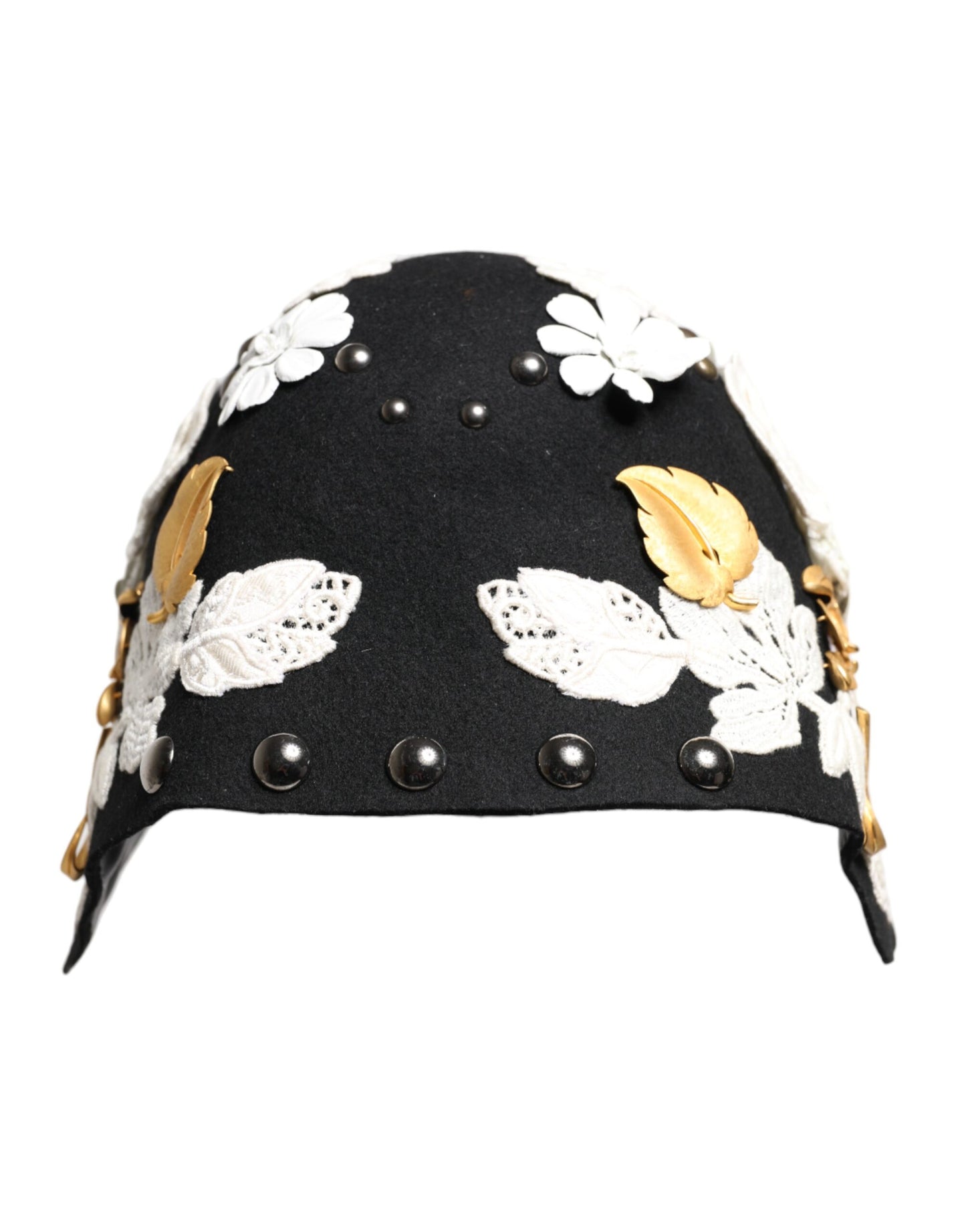 Dolce & Gabbana Schwarz Wolle Weiß Floral Gold Leaf Cloche Hut