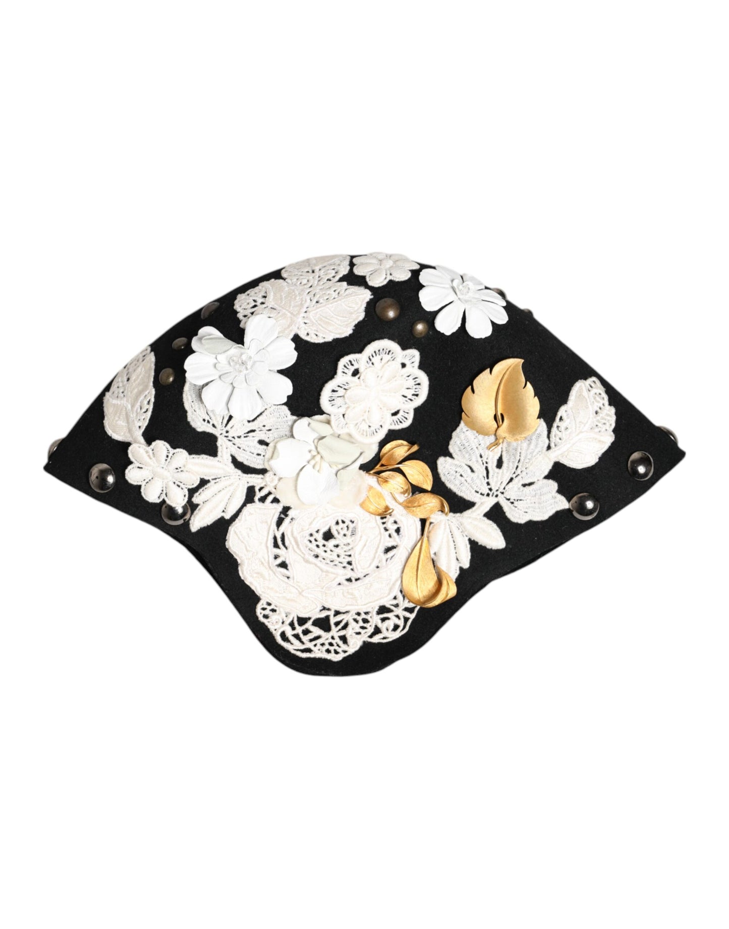 Dolce & Gabbana Schwarz Wolle Weiß Floral Gold Leaf Cloche Hut
