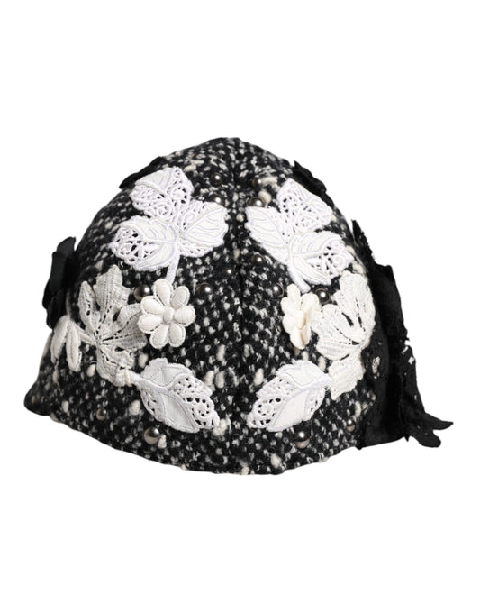 Dolce & Gabbana Cloche-Hut aus schwarzer Wolle mit weißer Blumenverzierung