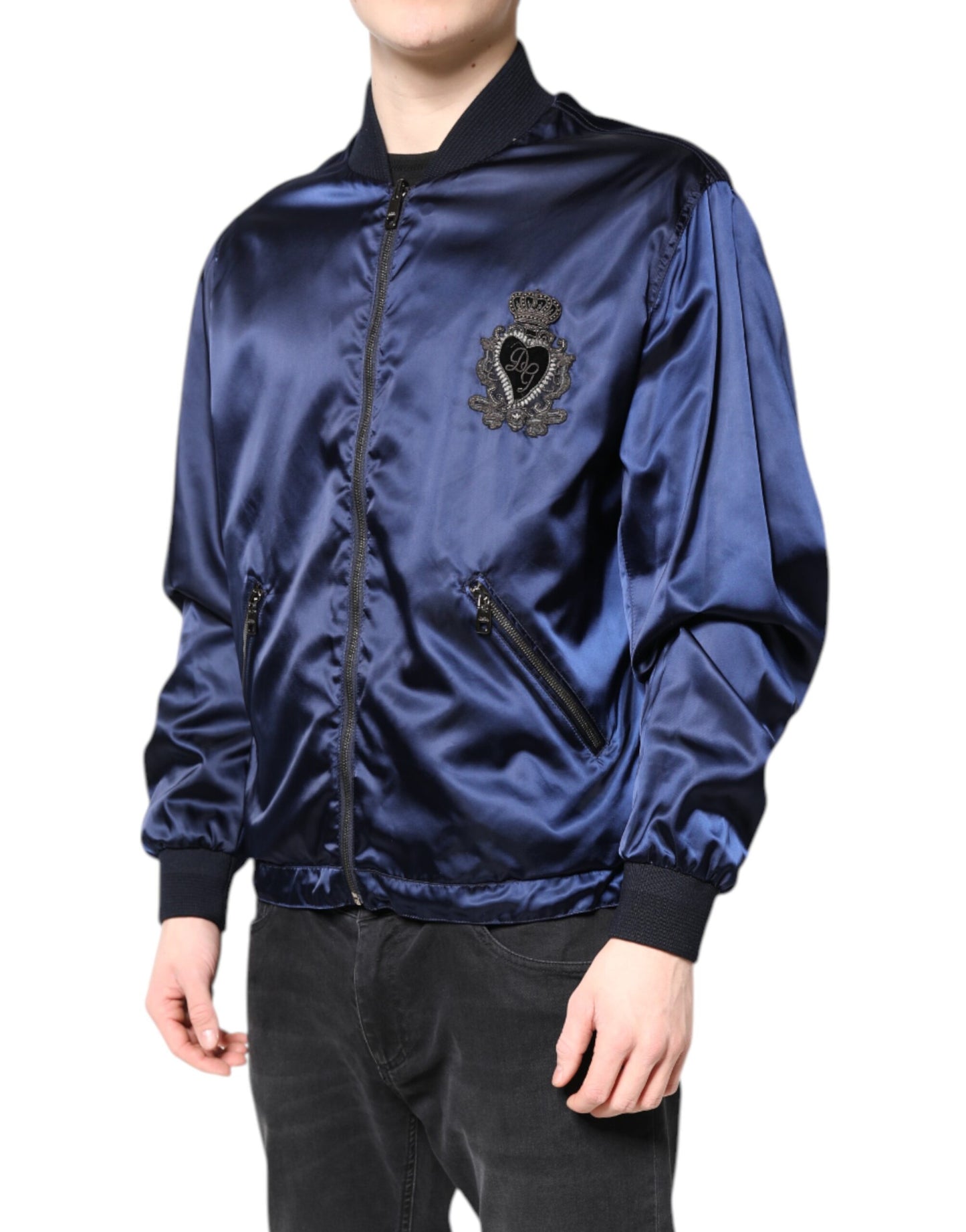 Dolce & Gabbana Blaue Nylon DG Crown Bomberjacke mit durchgehendem Reißverschluss