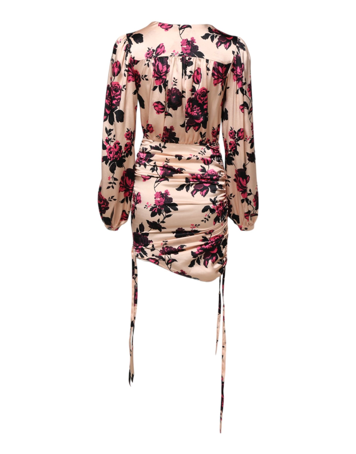 Laneus Rosa geblümtes Seidenkleid mit langen Ärmeln und gerafftem V-Ausschnitt