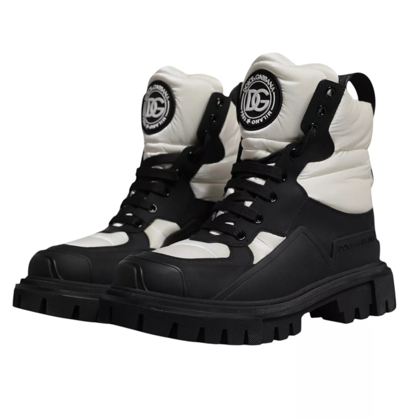 Dolce & Gabbana Schwarz Weiß Gepolsterte Mid Calf Lace Up Stiefel Schuhe