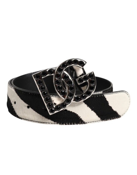 Dolce & Gabbana Weiß Schwarz Leder Zebra DG Crystal Buckle Gürtel